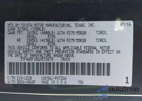 2016 Toyota Tundra Platinum 5.7L V8 z USA, uszkodzony, nr VIN 5TFAW5F10GX572879